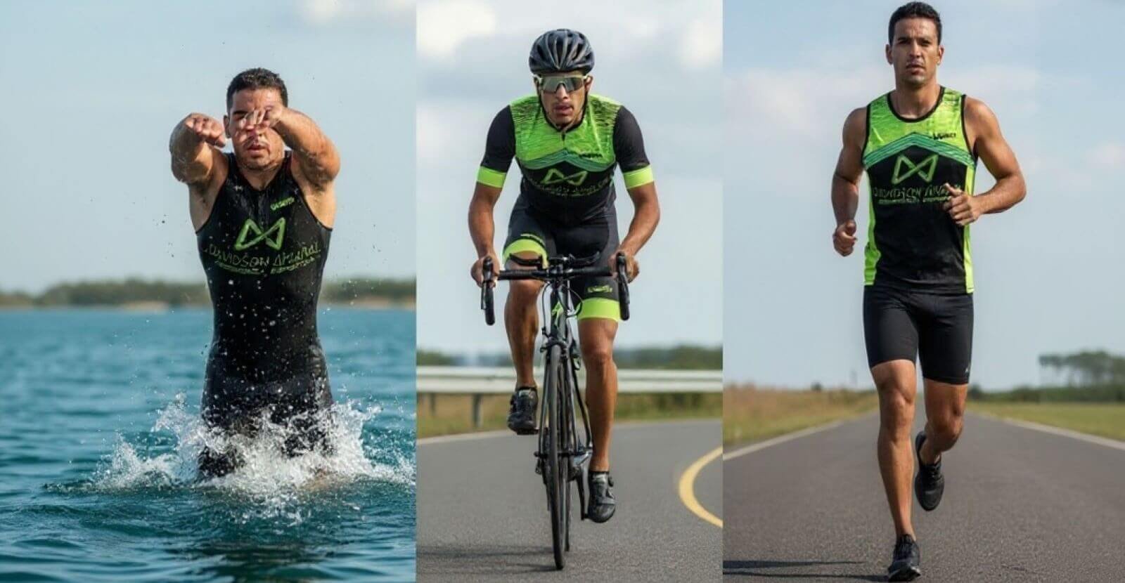 Triatleta em treinamento de natação, ciclismo e corrida